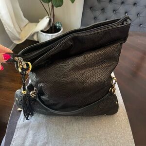 JM Collection Slouch Expandable Black Faux Snakeskin Shoulder Bag